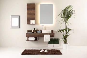 brown cupboard designed clean bathroom decorative lamp