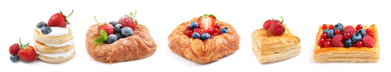 Set of fresh delicious puff pastries with sweet berries on white background. Banner design