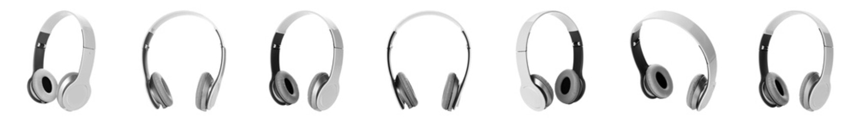Set of modern headphones on white background