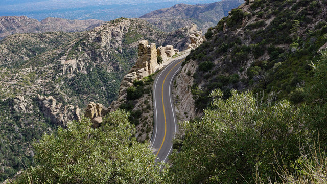 Overhead view of Santa Catalina Mountains landscape, Tucson, Arizona USA, with scenic road to Mt. Lemmon, rugged rock formations, no cars.