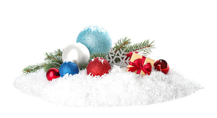 Fototapeta na wymiar Christmas decoration with snow on white background