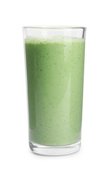 Glass of tasty avocado smoothie on white background