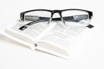 White Pocket Bible With Reading Glasses