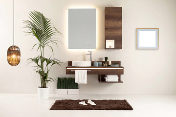 brown cupboard designed clean bathroom decorative lamp