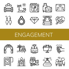 Set of engagement icons such as Wedding car, Earrings, Honeymoon, Ring, Wedding day, Diamond, Wedding, certificate, arch, Romantic, Diamond ring , engagement