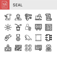 Set of seal icons such as Degree, Parchment, Defendant, Hair dryer, Quality, Certificate, Pound, Beer pong, Reward, Information, Diploma, Official, Walrus, Paper scroll , seal