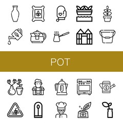Set of pot icons such as Vase, Watering can, Seeds, Teapot, Oven mitt, Cezve, Hydroponic gardening, Greenhouse, Plant, Bucket, Loose gravel, Barista, Electric kettle, Cook , pot