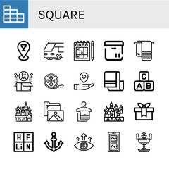 Set of square icons such as Brick wall, Placeholder, Bus, Sudoku, Box, Towel, Film strip, Abc block, Cathedral of saint basil, Gallery, Gift, Periodic table, Anchor, Focus , square