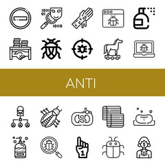 Set of anti icons such as No entry, Corruption, Spyware, Bug, Hand washing, Anti bug, Malware, Trojan horse, Insecticide, Soap, Foam hand, Mattress , anti