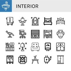 Set of interior icons such as Sink, Water heater, Chair, Full length mirror, Bed, Blinds, Desk, Vase, Kitchen, Table lamp, Armchair, Window, Locker, Candle holder, Table , interior