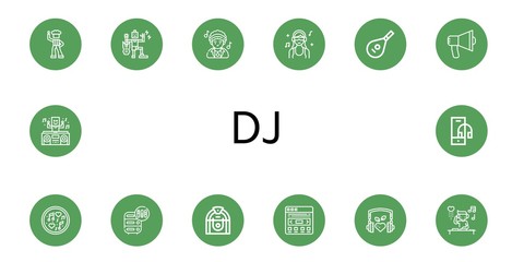 Set of dj icons such as Disco, Music, DJ, Lute, Audio, Adjustment, Jukebox, Slider, Headphone , dj