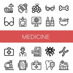 Set of medicine icons such as Insurance, Glasses, Tube, Sugar blood level, Ambulance, Quantum, Medicine, Bone, Mortar, First aid kit, Microscope, Dentist, Mirror, Mri , medicine
