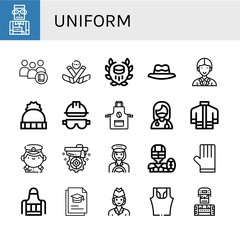 Set of uniform icons such as Student, Ice hockey, Hockey, Hat, Officer, Helmet, Apron, Surgeon, Firefighter uniform, Captain, Mortarboard, Taxi driver, American football , uniform