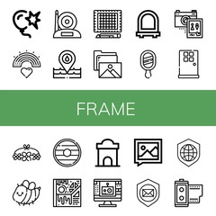 Set of frame icons such as Burst, Rainbow, Camera, Placeholder, Cutting mat, Gallery, Mirror, Wedding photo, Door, Flower crown, Bee, Shield, Art, Ticket office, Edit tool , frame