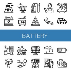 Set of battery icons such as Nuclear plant, Battery, Solar energy, Electric generator, Power bank, Voltage, Mechanic, Muffler, Electric vehicle, Electric car, Solar cell , battery
