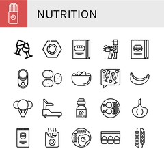 Set of nutrition icons such as Salty, Toast, Nut, Bread, Producer, Burger, Tomato, Potato, Crisps, Banana, Broccoli, Fitness, Vitamins, Chicken leg, Garlic, Nuts, Potatoes , nutrition