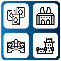 Set of bridge icons such as Playing cards, National palace of sintra, Rialto bridge, Belem tower , bridge