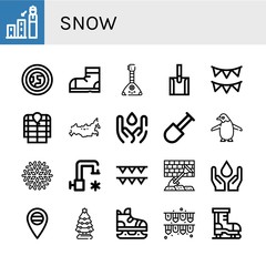 Set of snow icons such as Forecast, Atmosphere, Snow boots, Balalaika, Shovel, Garlands, Anorak, Russia, Water, Penguin, Snowflake, Cold water, Christmas tree, Ice skate , snow