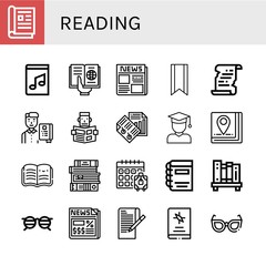 Set of reading icons such as Magazine, Music book, Reading, Newspaper, Bookmark, Literature, Student, Paper, Book, Open book, Books, Booking, Bookshelf, Glasses , reading
