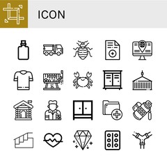 Set of icon icons such as Expand, Bottle, Crane truck, Bed bug, Prescription, Computer, Shirt, Raffle, Crab, Lockers, Container, Sauna, Painter, Wardrobe, Add, Tube, Stairs , icon