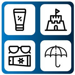 Set of sunlight icons such as Sunscreen, Sand castle, Sun cream, Sun umbrella , sunlight