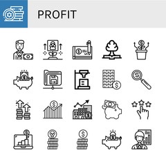 Set of profit icons such as Tokens, Banker, Growth, Cheque, Piggy bank, Save, Analyst, Investment, Rating, Coin , profit