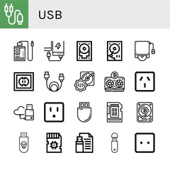 Set of usb icons such as Jack connector, Power bank, Hard drive, Hard disk, Socket, Data cable, Vga, Flash drive, Sd card, Usb , usb