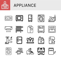 Set of appliance icons such as Clip, Microwave, Fridge, Washing machine, Iron, Air conditioner, Heater, Ironed, Stove, Oven, Air pump, Machine, Cleaner, Coffee machine , appliance