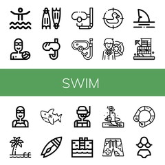 Set of swim icons such as Waterpark, Waterpolo, Flippers, Snorkel, Dive, Duck, Lifebuoy, Shark, Swimmer, Pool, Surfboard, Swimming pool, Dolphin, Swimsuit, Life saver, Bikini , swim