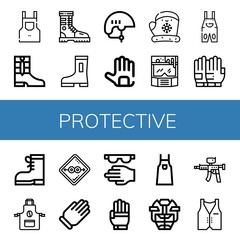 Set of protective icons such as Apron, Boots, Boot, Helmet, Gloves, Overall, Condom, Glove, Protective, Hockey helmet, Paintball gun, Vest , protective