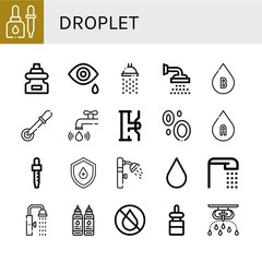 Set of droplet icons such as Eyedropper, Dropper, Tear, Shower, Blood type, Pipette, Water tap, Blood, Drop, Blood drop, Ink, Sprinkler , droplet
