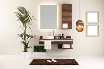 Fototapeta premium brown cupboard designed clean bathroom decorative lamp