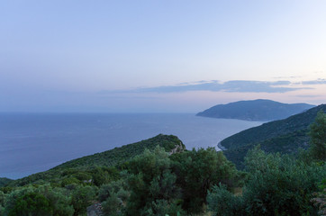 Fototapeta na wymiar Amazing view to the sea from the Chora of Alonnisos island, Greece, in the dusk