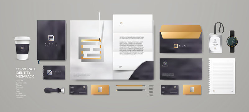 Real Estate Company Logo And Corporate Style. Stationery Mockup Design. Premium Brand With Gold Color And Stone Background.