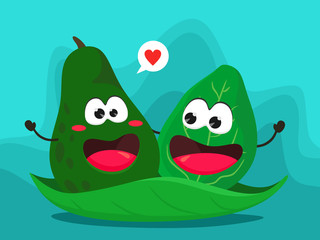 Funny avocado and spinach leaf on a green leaf. Vector illustration in cartoon flat style.