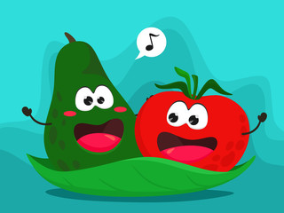 Funny avocado and tomato on a green leaf sing a song. Vector illustration in cartoon flat style.