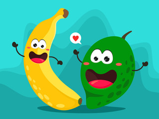 Funny banana and mango in cartoon style. Bright vector illustration with fruits.