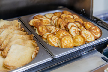 Hotel breakfast catering setting at the hotel, with variety of pancakes in marmite
