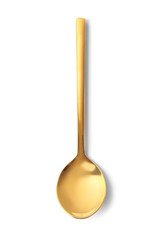 Stylish clean gold spoon on white background, top view