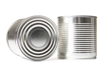 Closed tin cans isolated on white, mockup for design