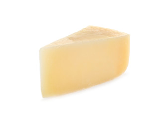 Piece of tasty parmesan cheese isolated on white
