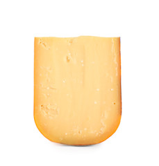 Piece of tasty cheddar cheese isolated on white