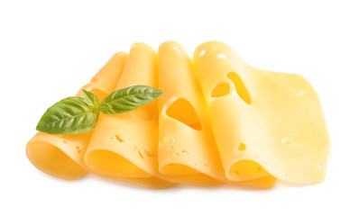 Slices of tasty maasdam cheese with basil on white background