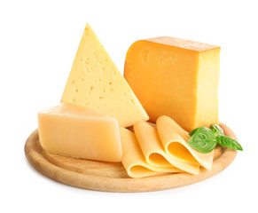 Wooden board with different kinds of cheese and basil on white background - Powered by Adobe