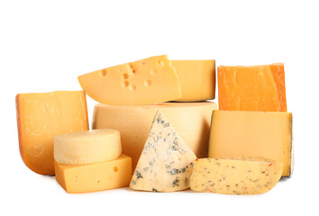 Composition with different kinds of tasty cheese on white background