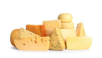 Different tasty kinds of cheese on white background