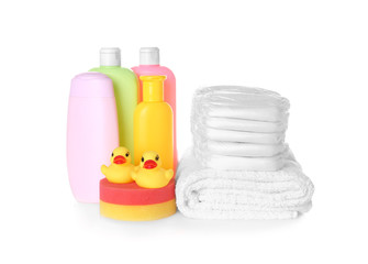 Set of baby accessories on white background