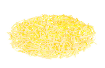 Grated cheese isolated on white. Layer for pizza