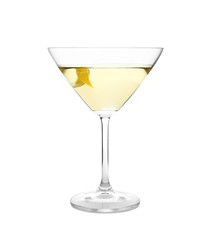 Glass of martini cocktail on white background
