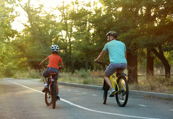 Dad and son riding bicycles in park on sunny day